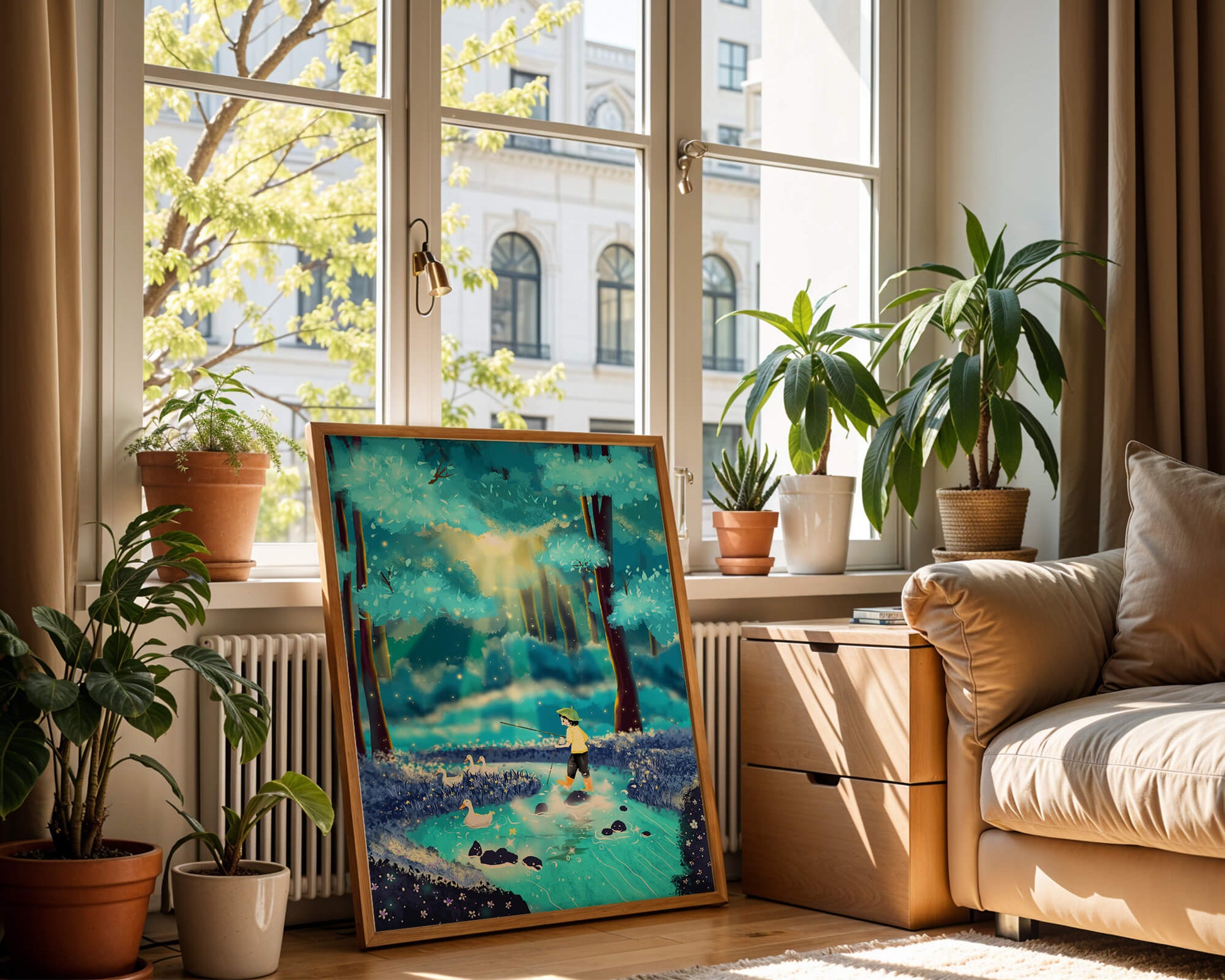 Colorful forest scene with a child and ducks by a stream