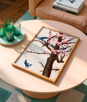 Ilustración encantadora de un árbol de cerezo con pájaros
