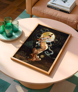 Elegant celestial dancer with gold elements in an ethereal fantasy scene