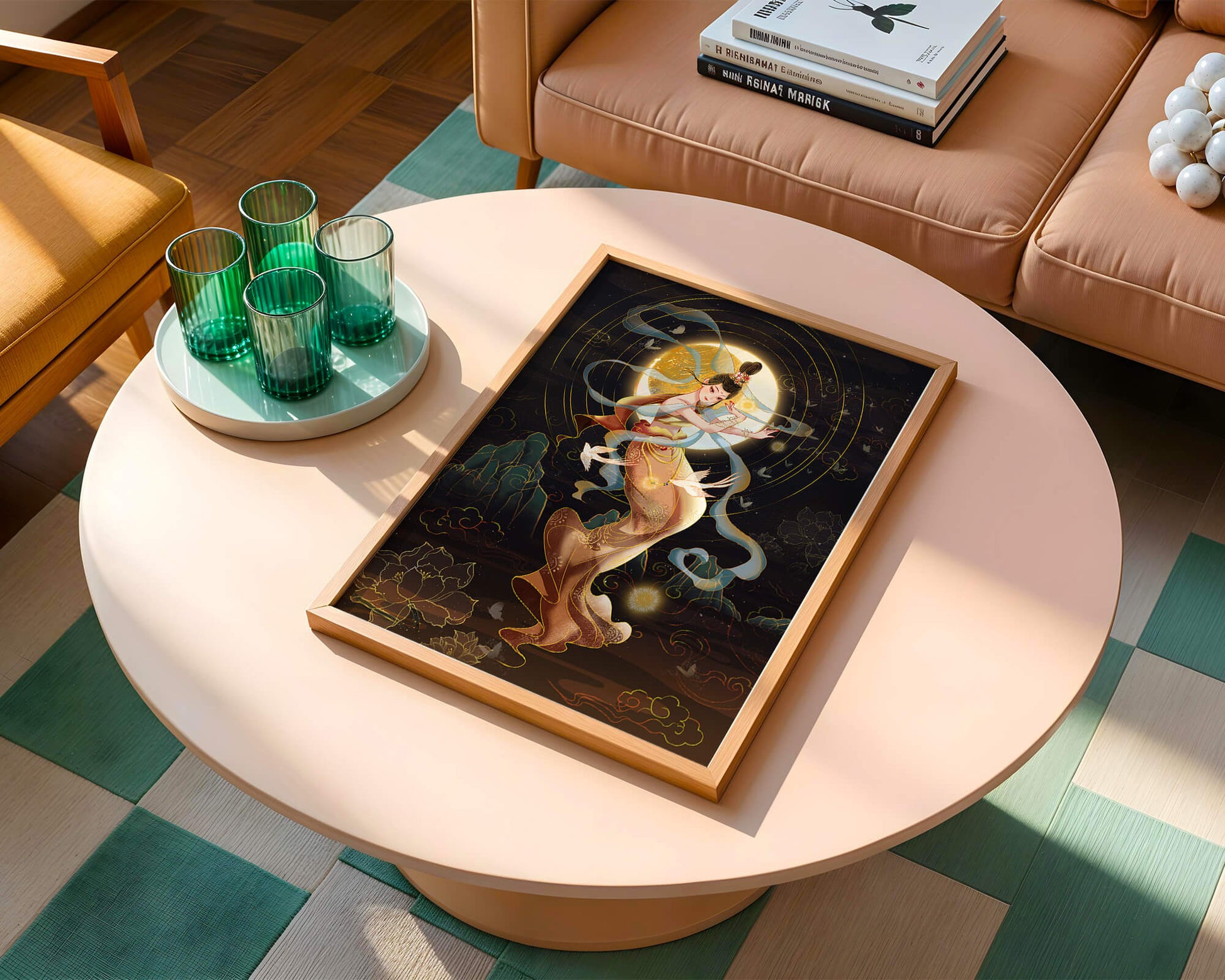 Elegant celestial dancer with gold elements in an ethereal fantasy scene