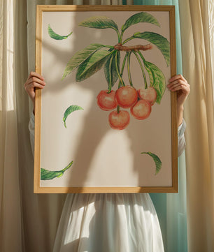 Ilustración realista de rama de cerezo con hojas verdes