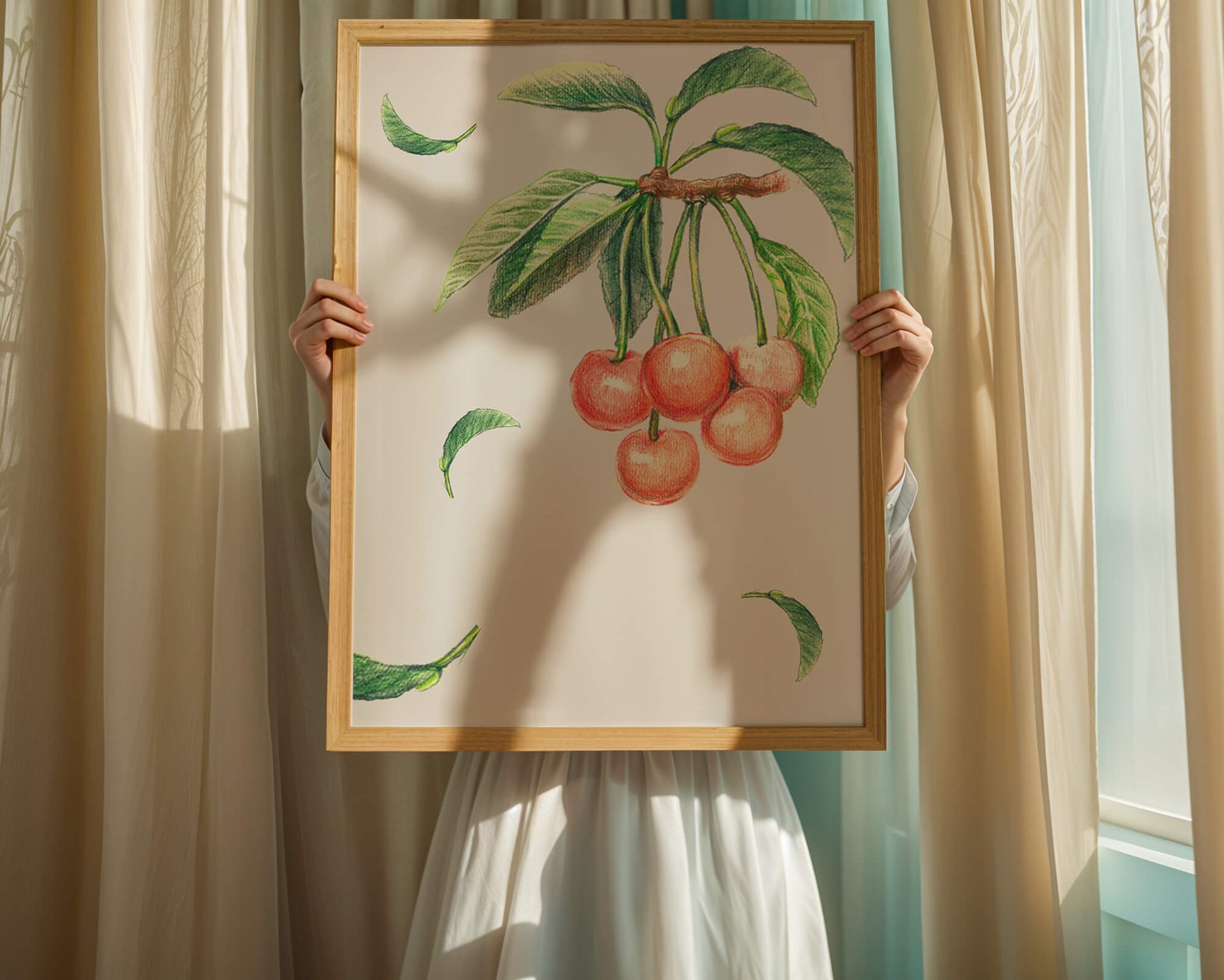 Realistic Illustration of Cherry Branch with Green Leaves