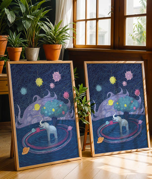 Éléphant fantastique avec arbre et fond cosmique