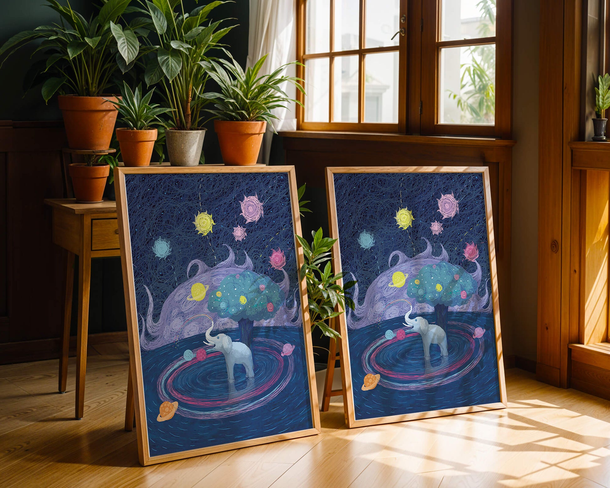 Éléphant fantastique avec arbre et fond cosmique