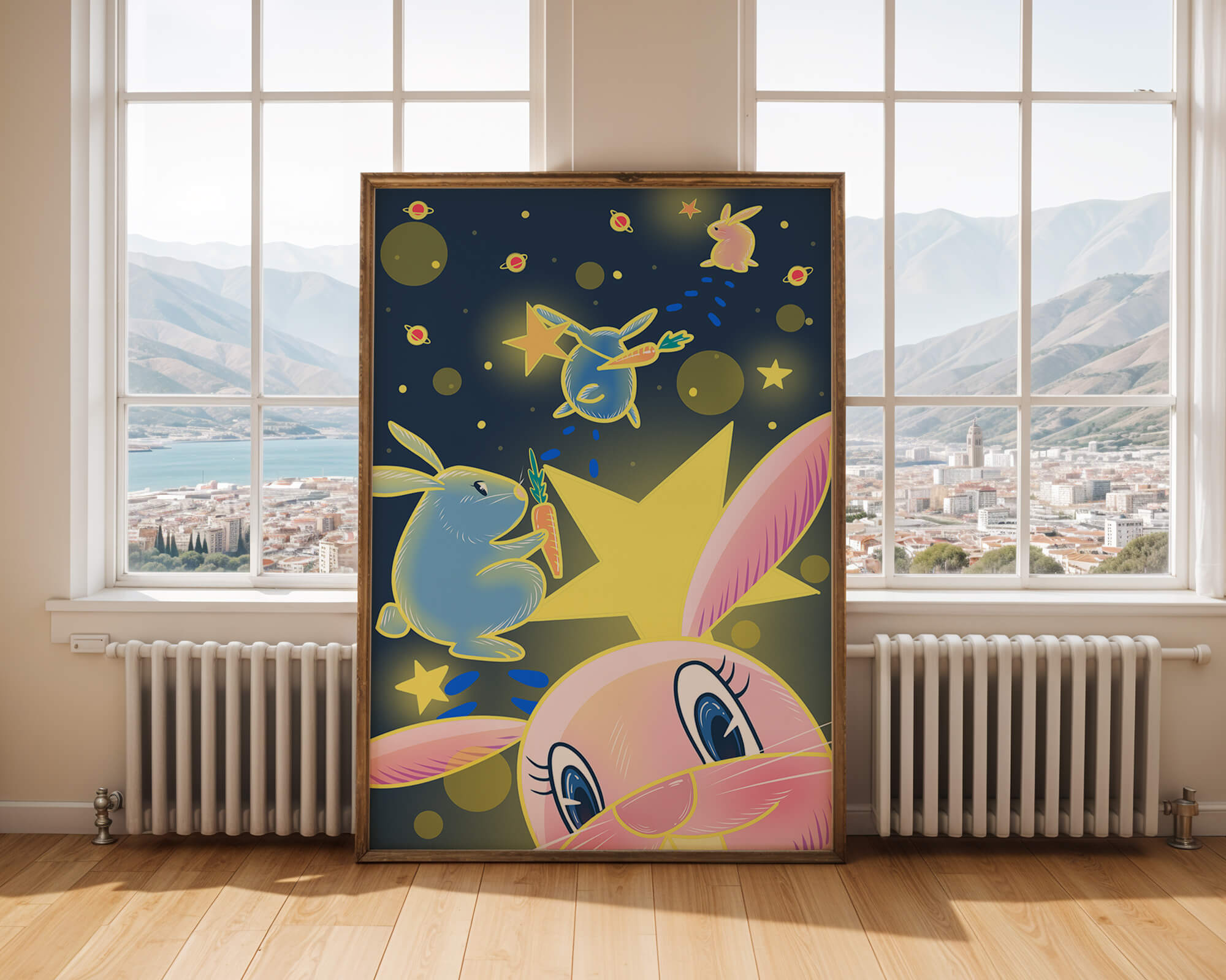 Playful bunnies with carrots and stars in a whimsical space scene