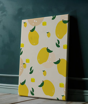 Playful lemon pattern with green leaves and abstract shapes