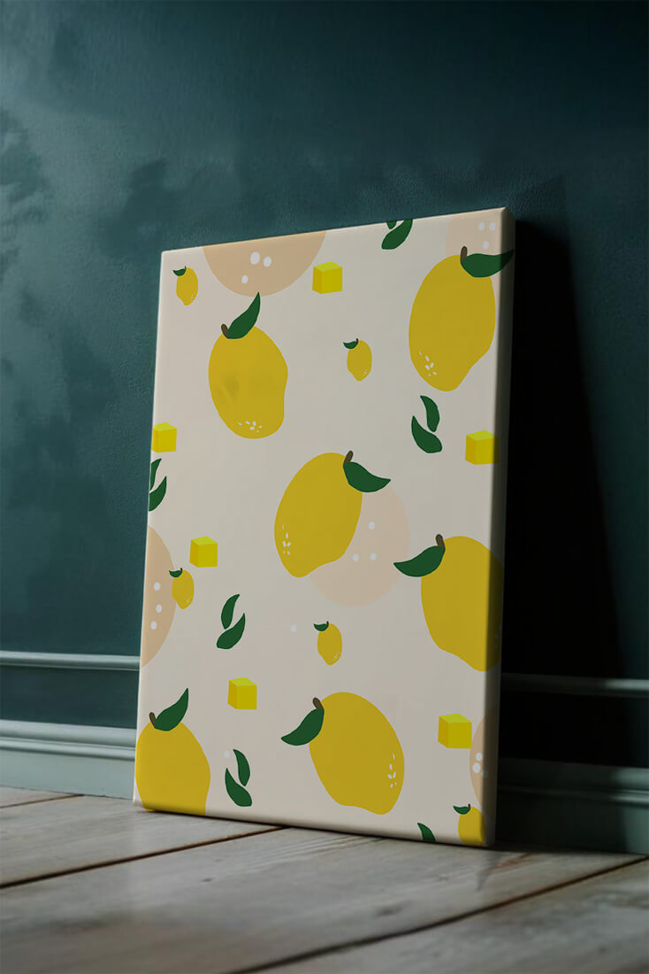 Playful lemon pattern with green leaves and abstract shapes