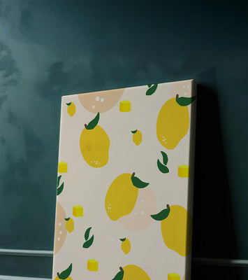 Playful lemon pattern with green leaves and abstract shapes