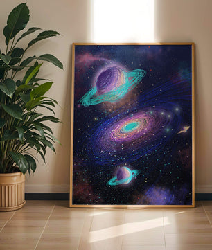 Colorful space illustration with planets and galaxy
