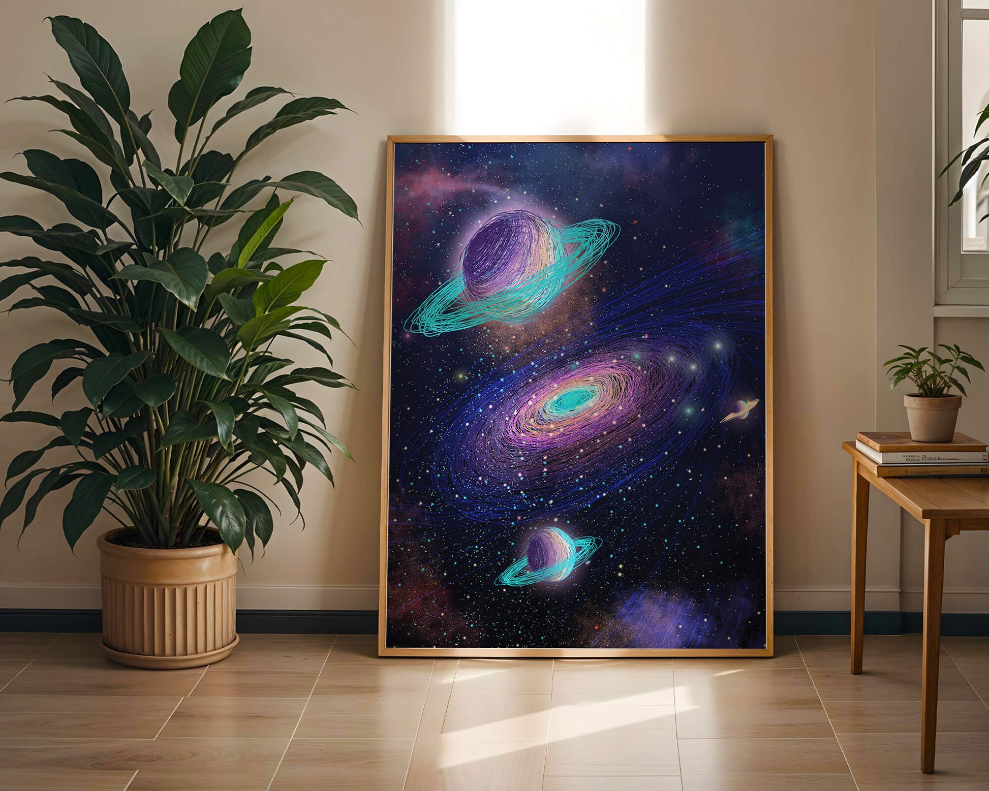 Colorful space illustration with planets and galaxy