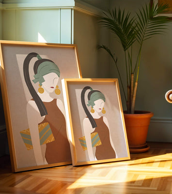 Stylized woman portrait with muted colors and geometric elements