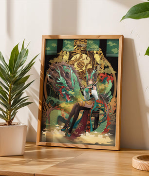 Art fantastique élégant d'une femme avec un dragon majestueux et des éléments dorés