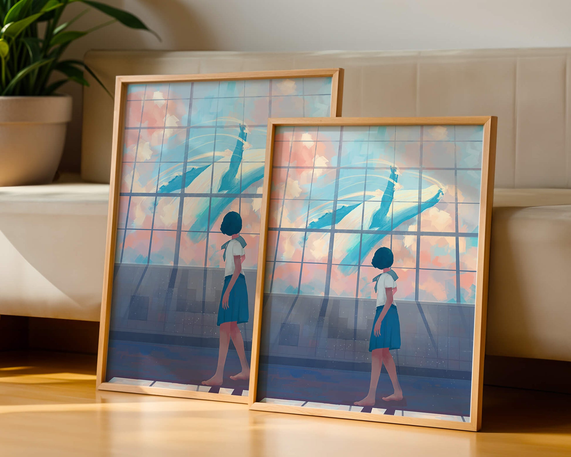 Young girl looking at a giant whale through a large window