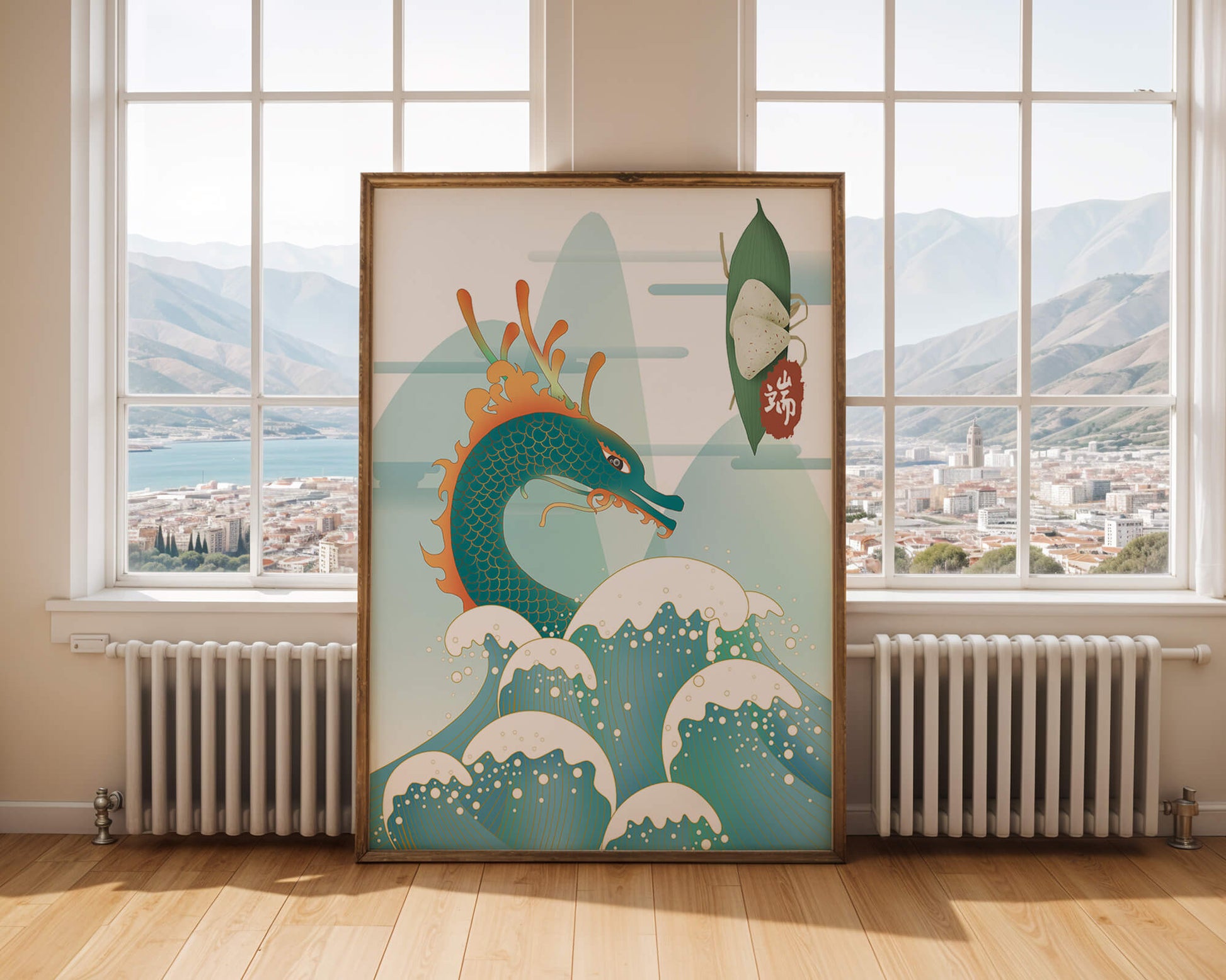 Illustration of a dragon with waves and traditional Chinese elements