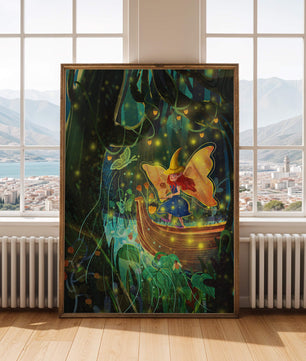 Hada en un bosque encantado con mariposas y faroles luminosos