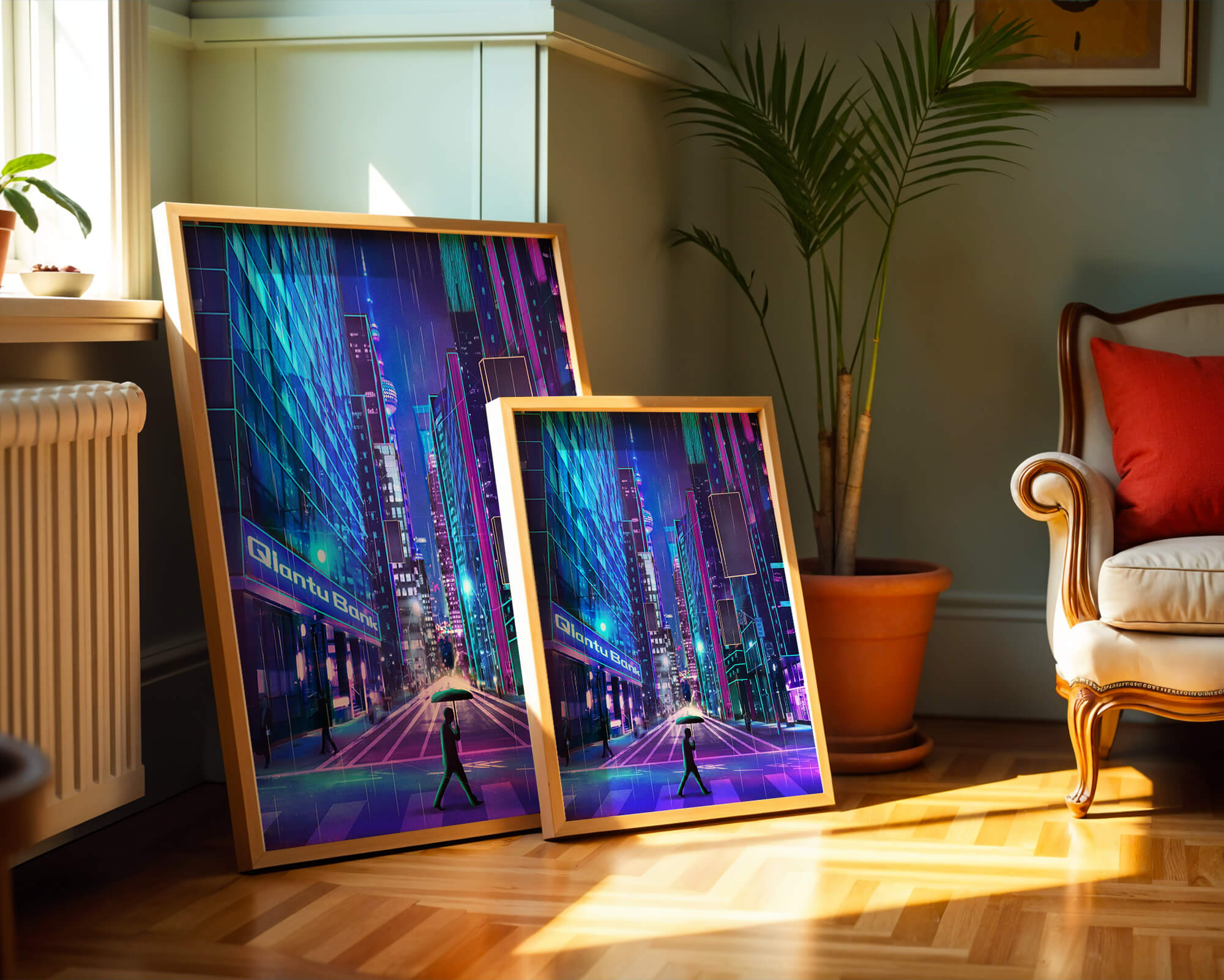 Futuristic urban street scene with neon lights and rainy atmosphere