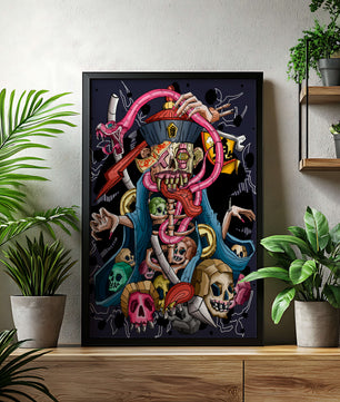 Colorful skeleton with skulls and snake illustration