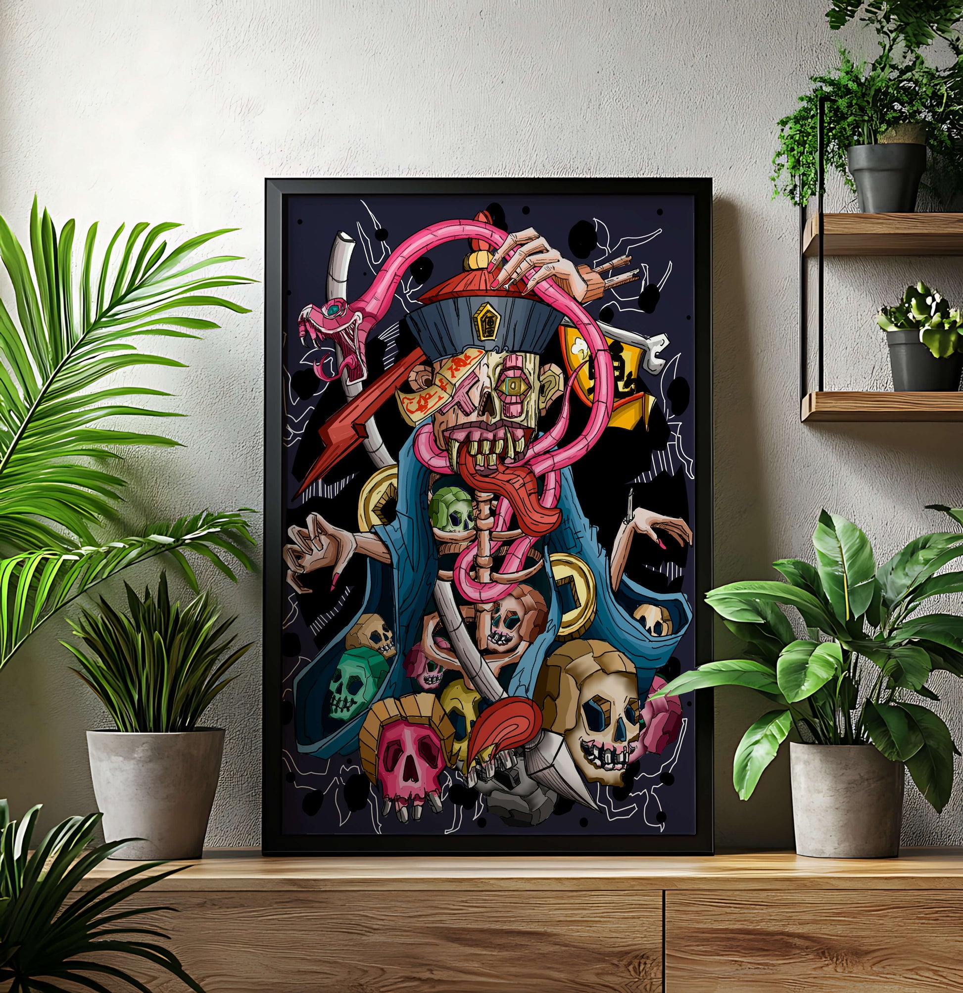 Colorful skeleton with skulls and snake illustration