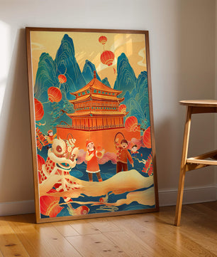 Traditionelles chinesisches Fest mit Laternen und Löwentanz