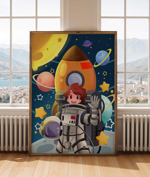 Young Astronaut with Rocket and Planets in Space Adventure