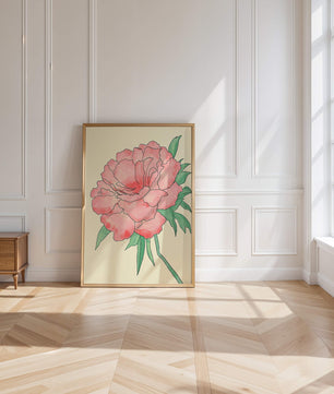Delicate Pink Peony with Green Leaves Illustration