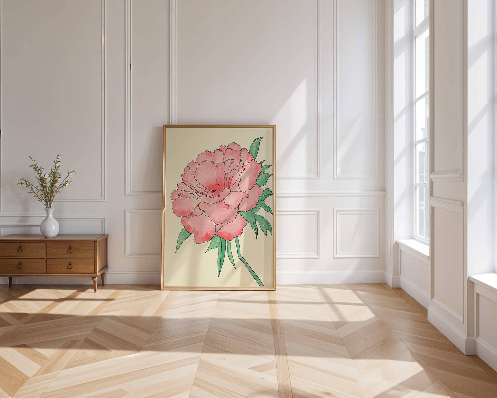 Delicate Pink Peony with Green Leaves Illustration