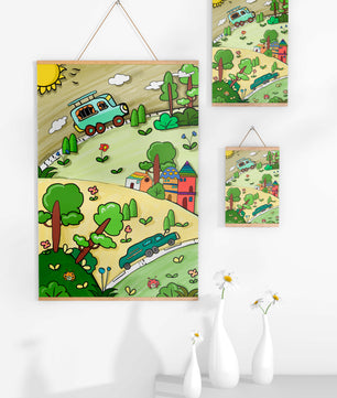 Colorful cartoon landscape with vehicles and nature scene