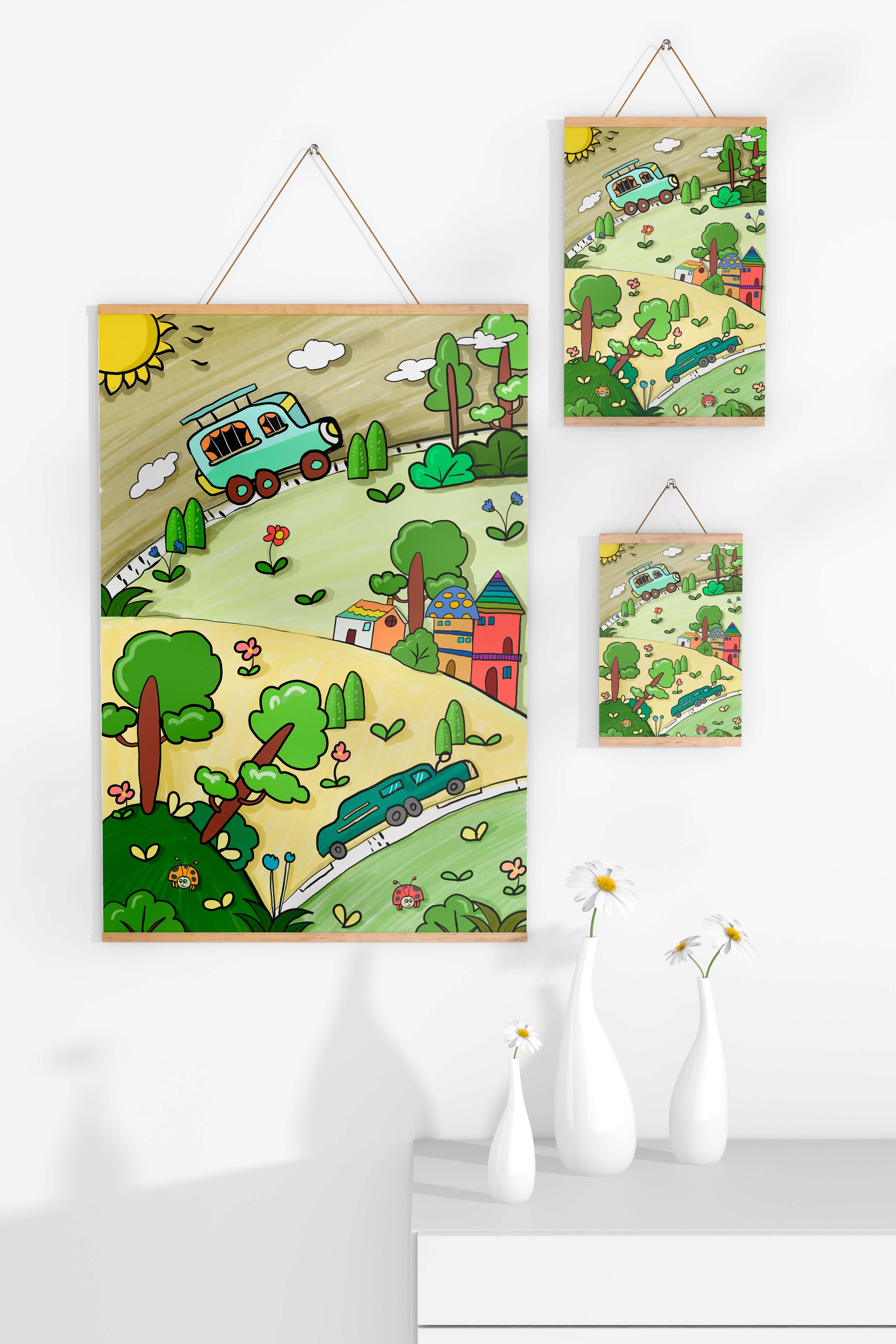Colorful cartoon landscape with vehicles and nature scene