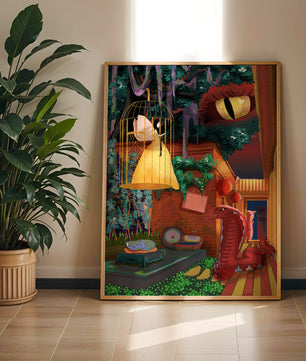 Jardín encantado con hada, serpiente y elementos misteriosos