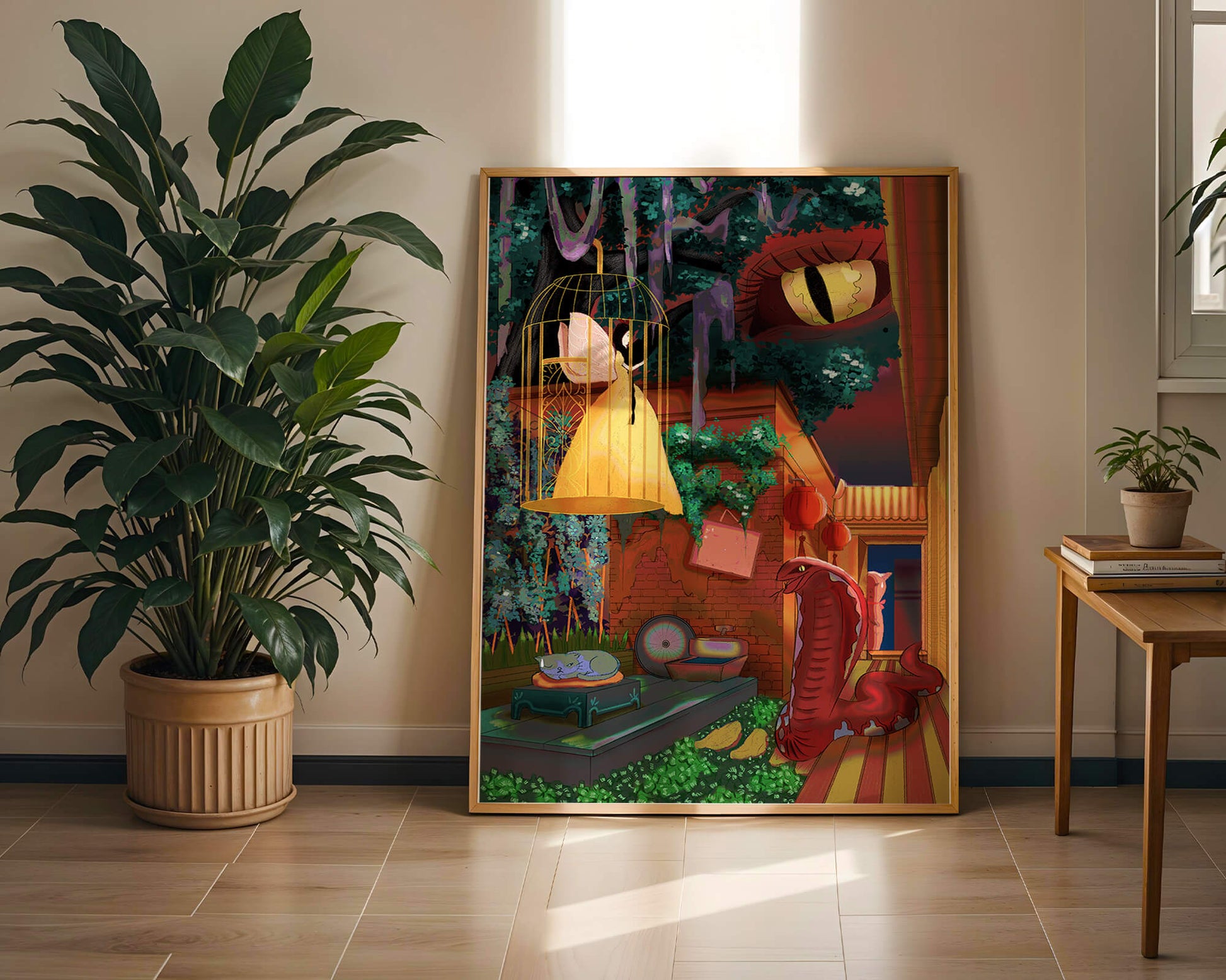 Enchanted garden with fairy, snake, and mysterious elements