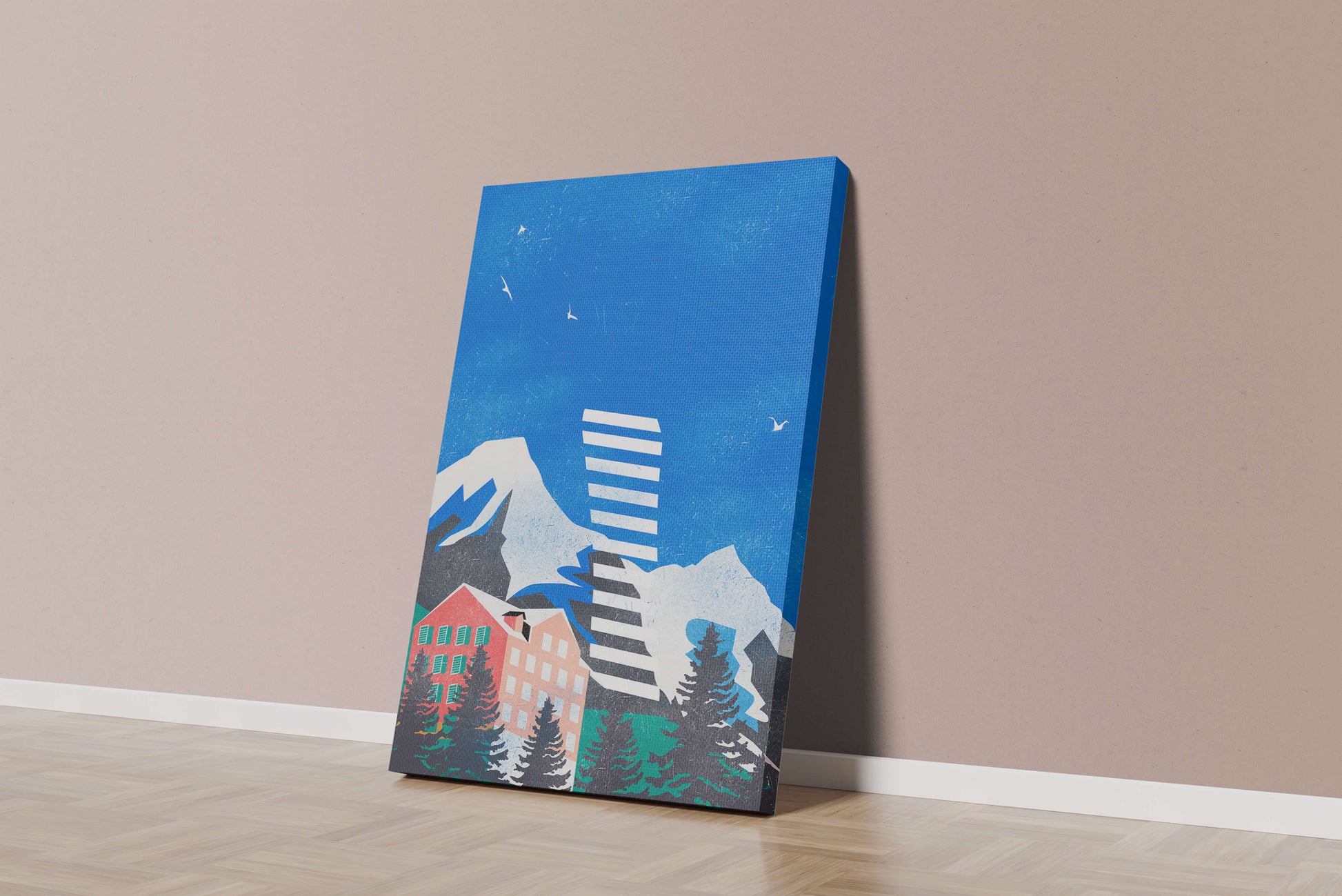 Mountain Resort in a Vibrant Landscape with Blue Sky and Birds