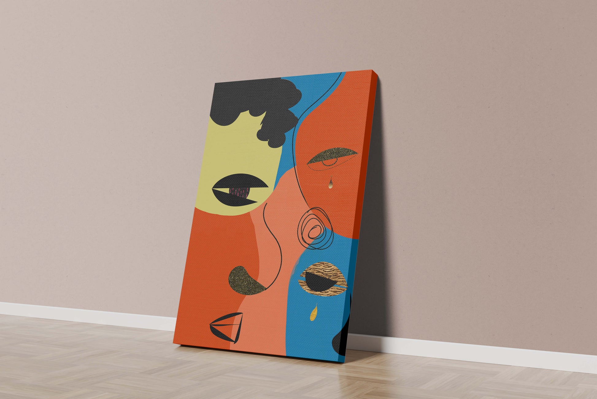 Abstract faces with vibrant colors and gold accents