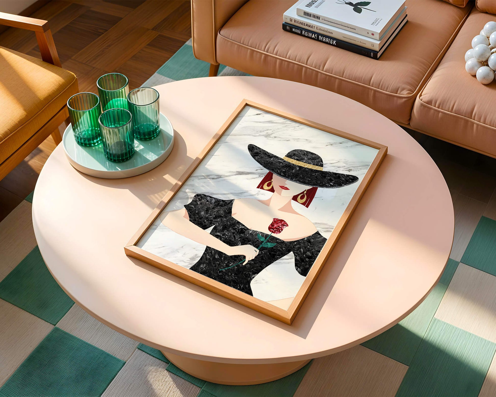 Elegante Frau mit stilvollem schwarzen Hut und roter Rose