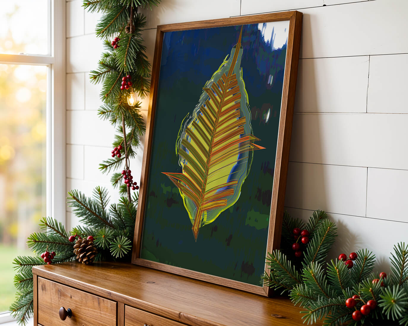Abstract digital artwork featuring a vibrant multicolored leaf