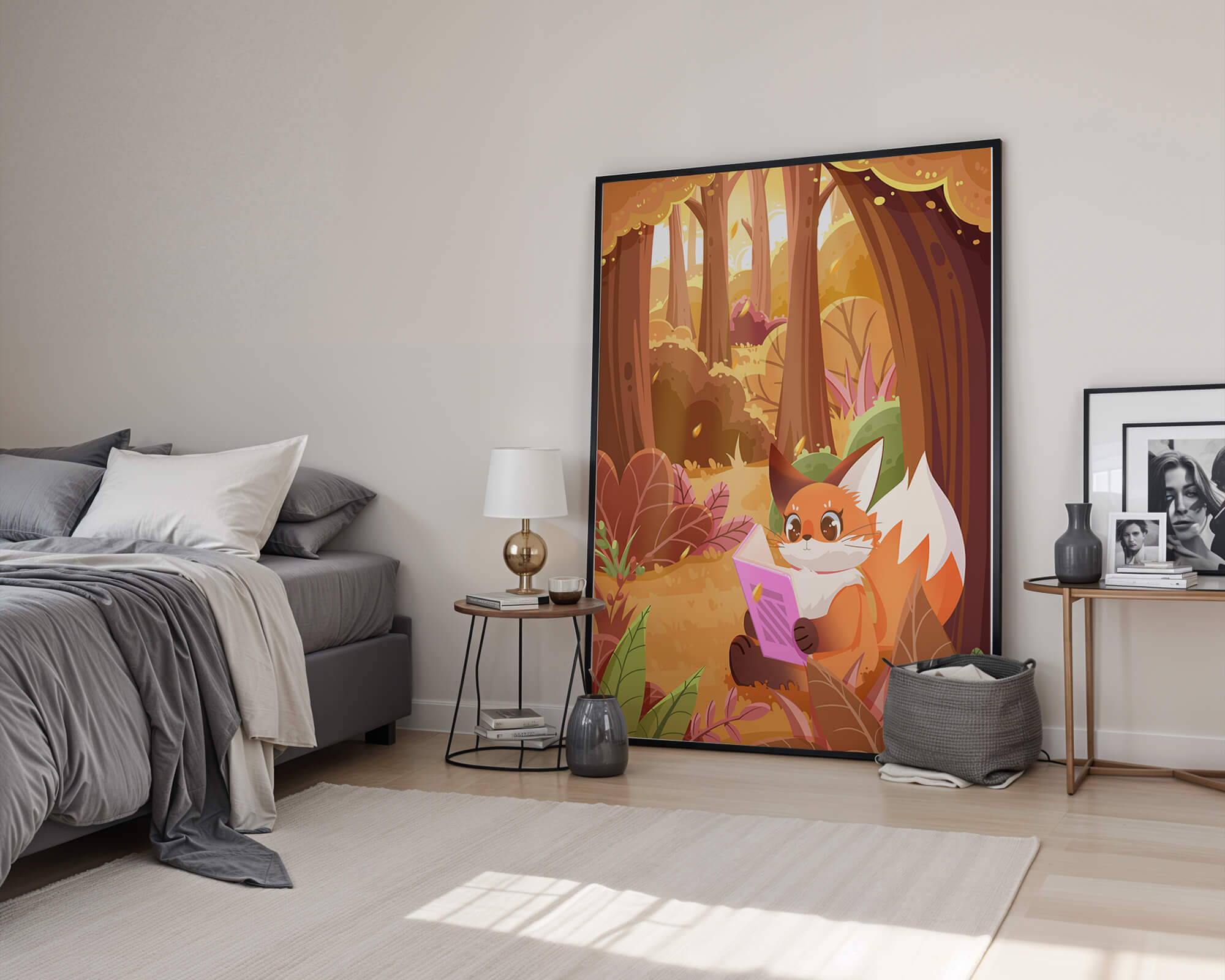 Fox reading a book in a whimsical autumn forest