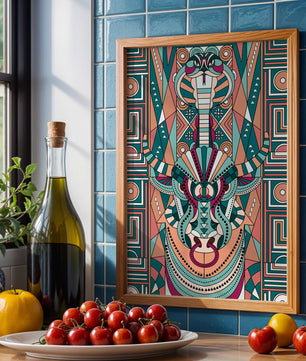 Ilustración art déco geométrica intrincada de serpiente y toro