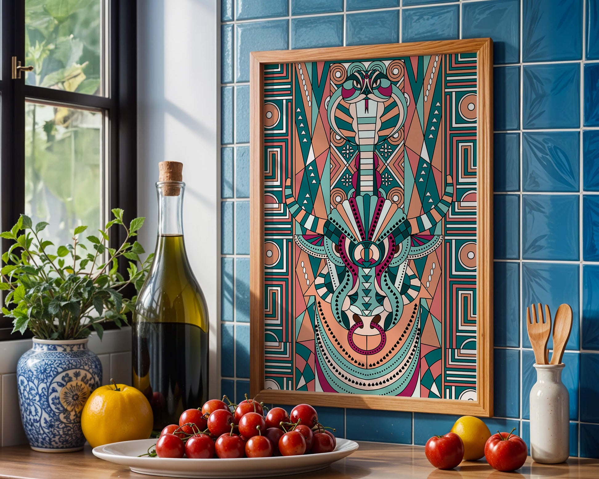 Ilustración art déco geométrica intrincada de serpiente y toro