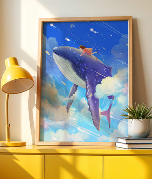 Illustration onirique d'une fille chevauchant une baleine à travers le ciel