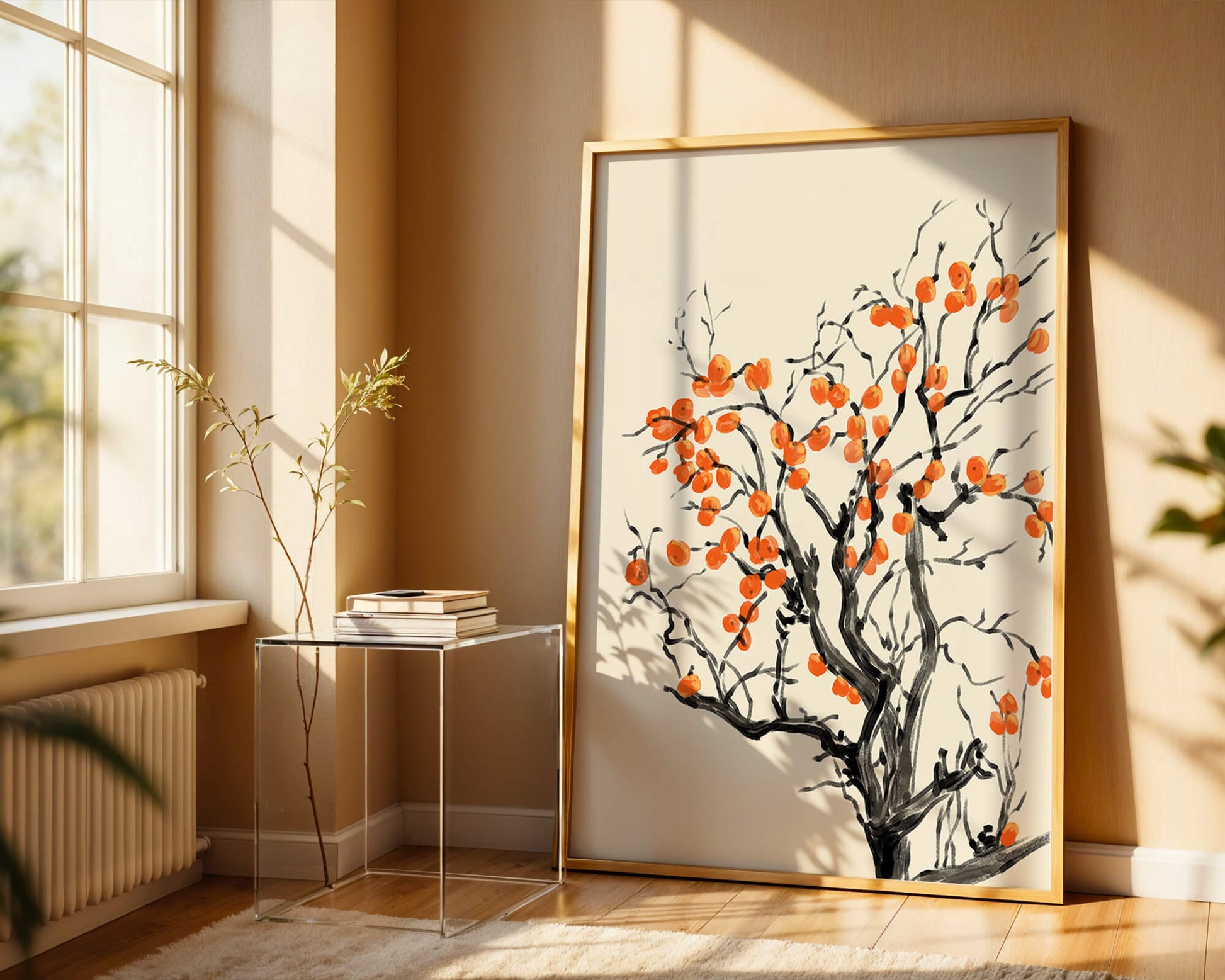 Elegant watercolor tree with vibrant orange fruit