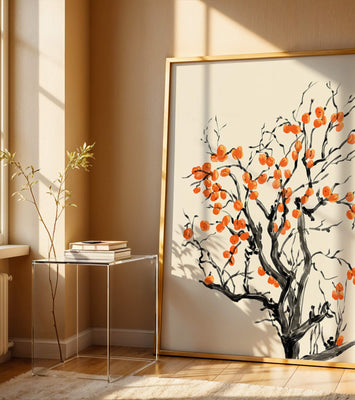 Elegant watercolor tree with vibrant orange fruit