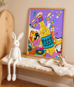 Vibrant Party Scene with DJ and Cartoon Characters