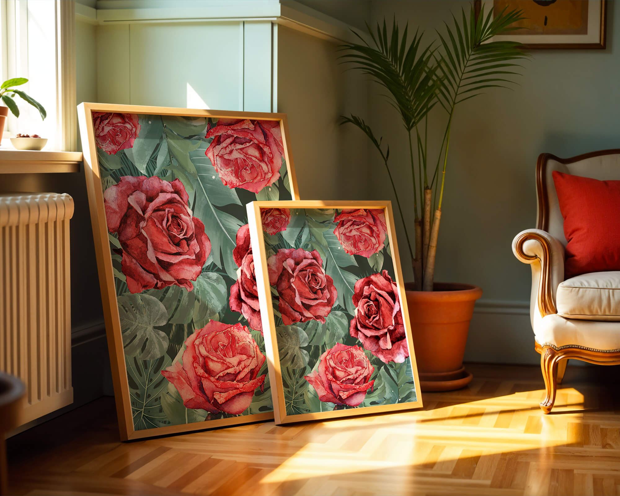 Red roses and green foliage pattern in watercolor style