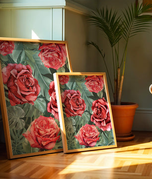 Red roses and green foliage pattern in watercolor style