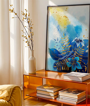 Floral illustration with blue leaves and golden accents on abstract background
