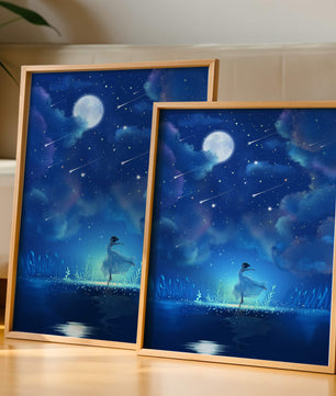 Cielo nocturno soñador con figura danzante y luz de luna brillante