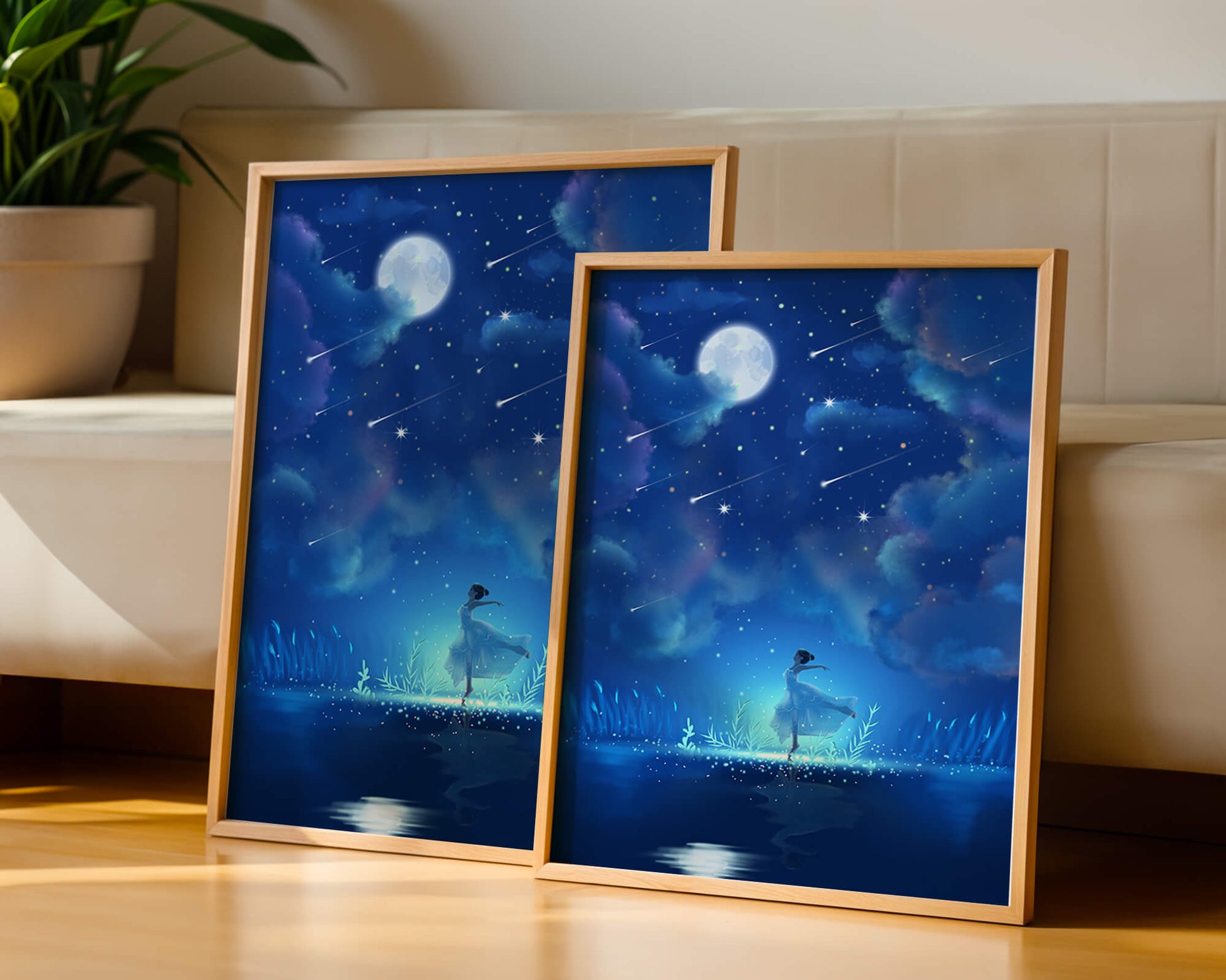Cielo nocturno soñador con figura danzante y luz de luna brillante