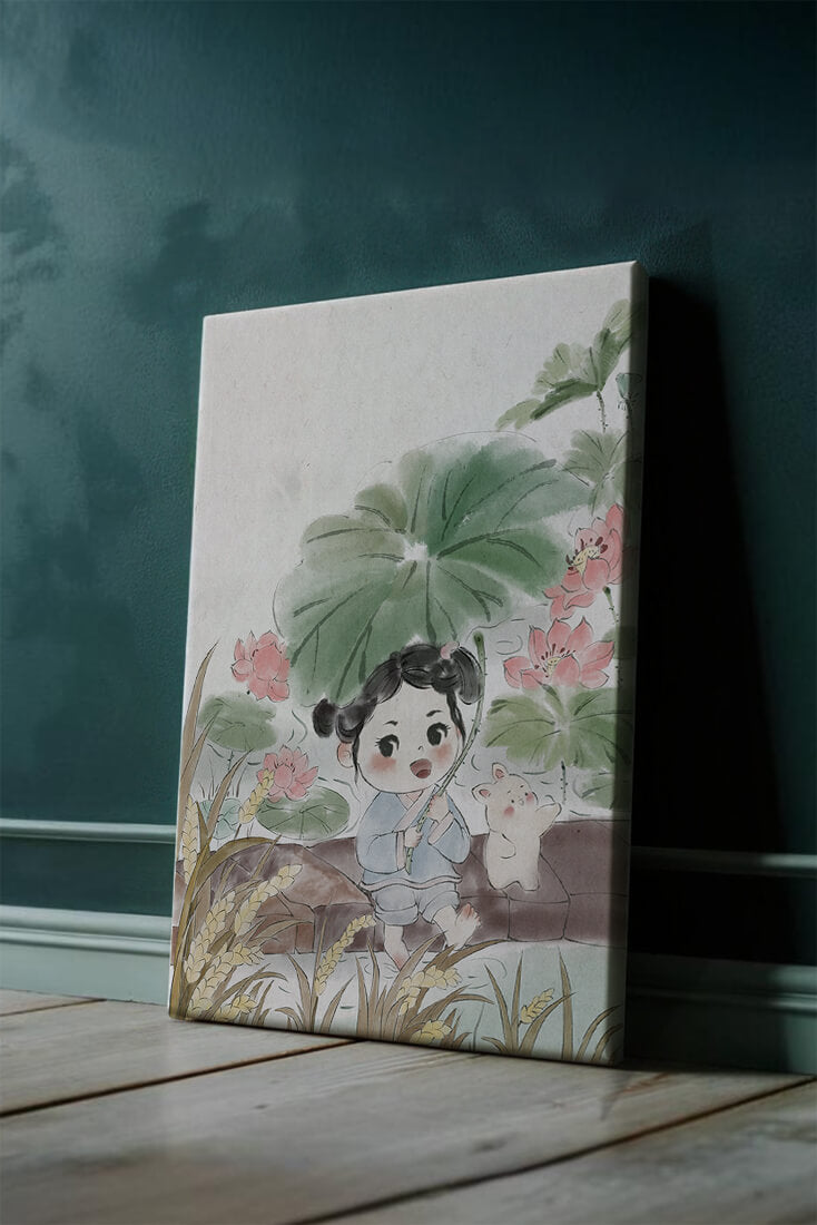Charming illustration of a child with flowers and a bunny by the water
