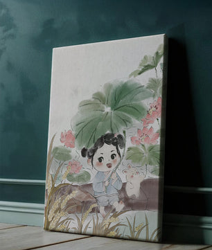 Charming illustration of a child with flowers and a bunny by the water