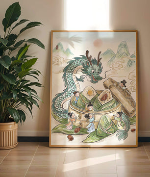 Dragon and Steamed Dumplings with Children in a Mountainous Landscape