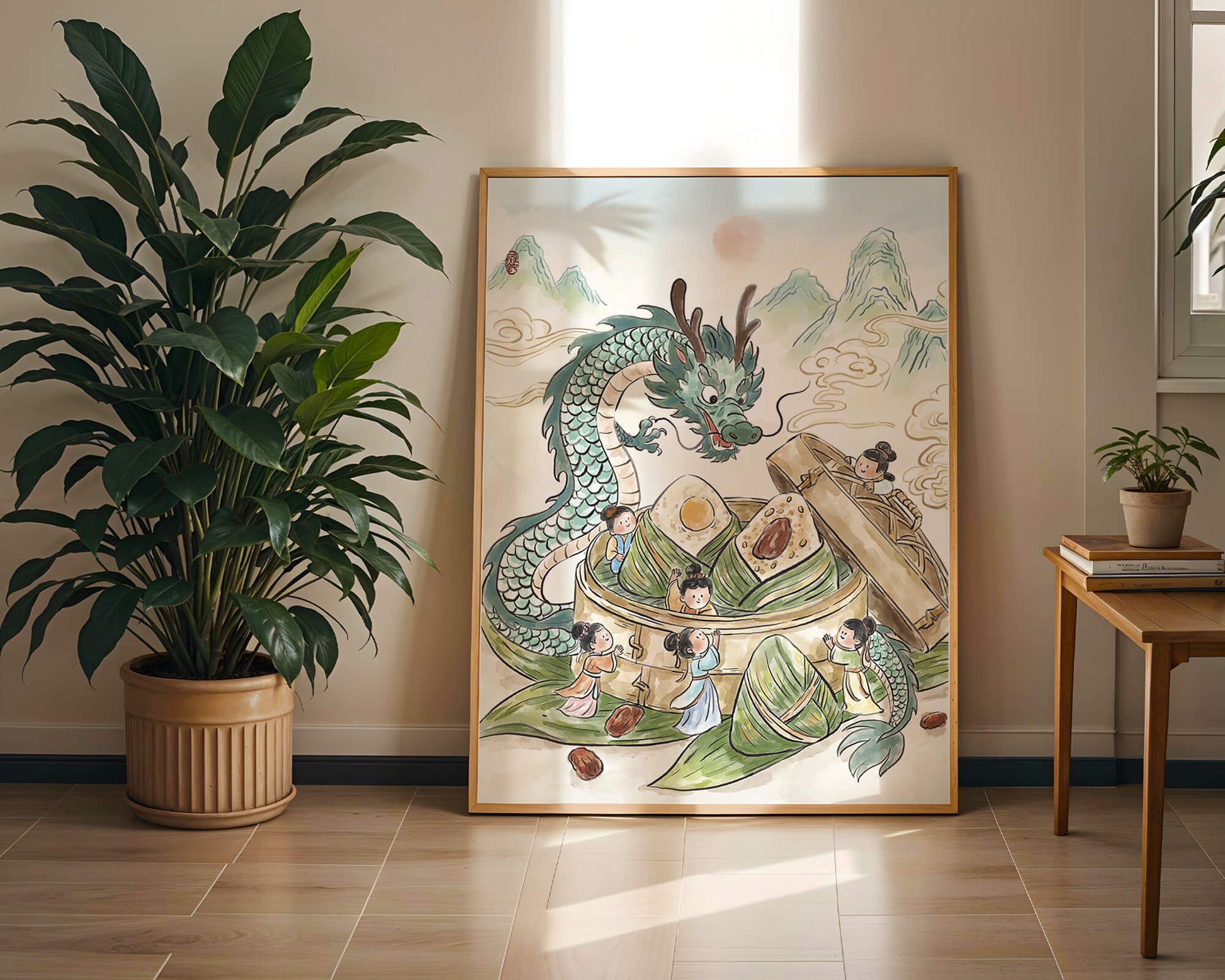 Dragón y dumplings al vapor con niños en un paisaje montañoso